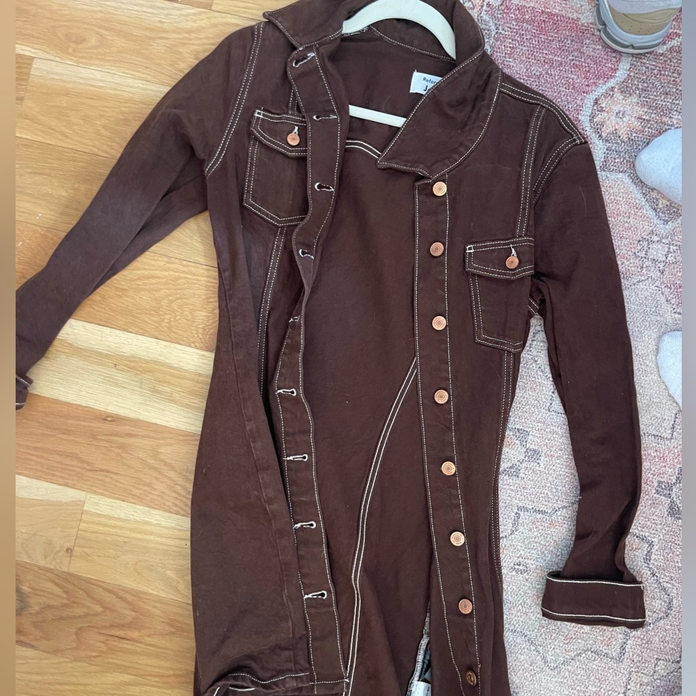 Reformation Brown Topstitched Denim Mini Dress